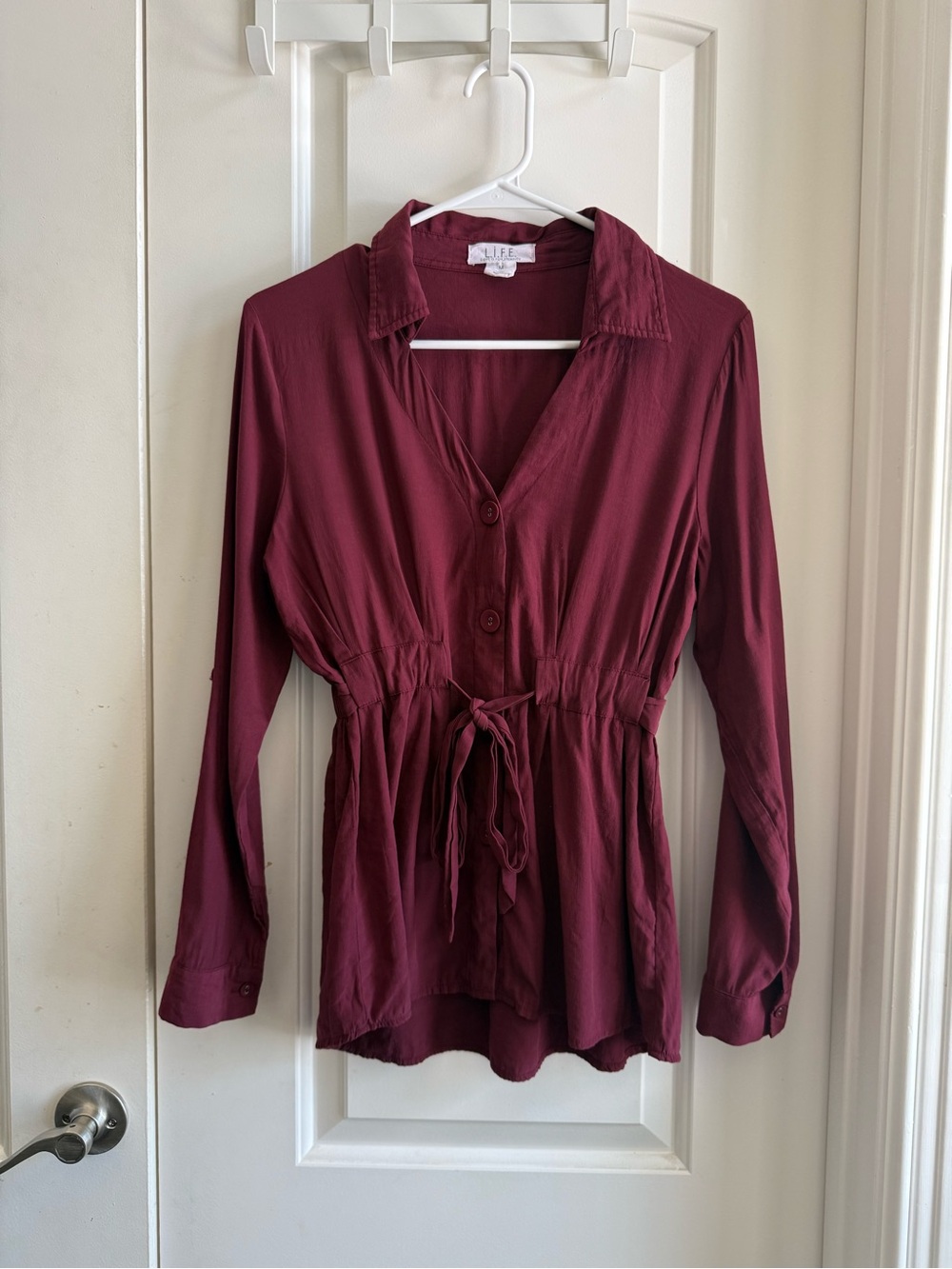 Women's Burgundy Button-Front Waist Tie Top